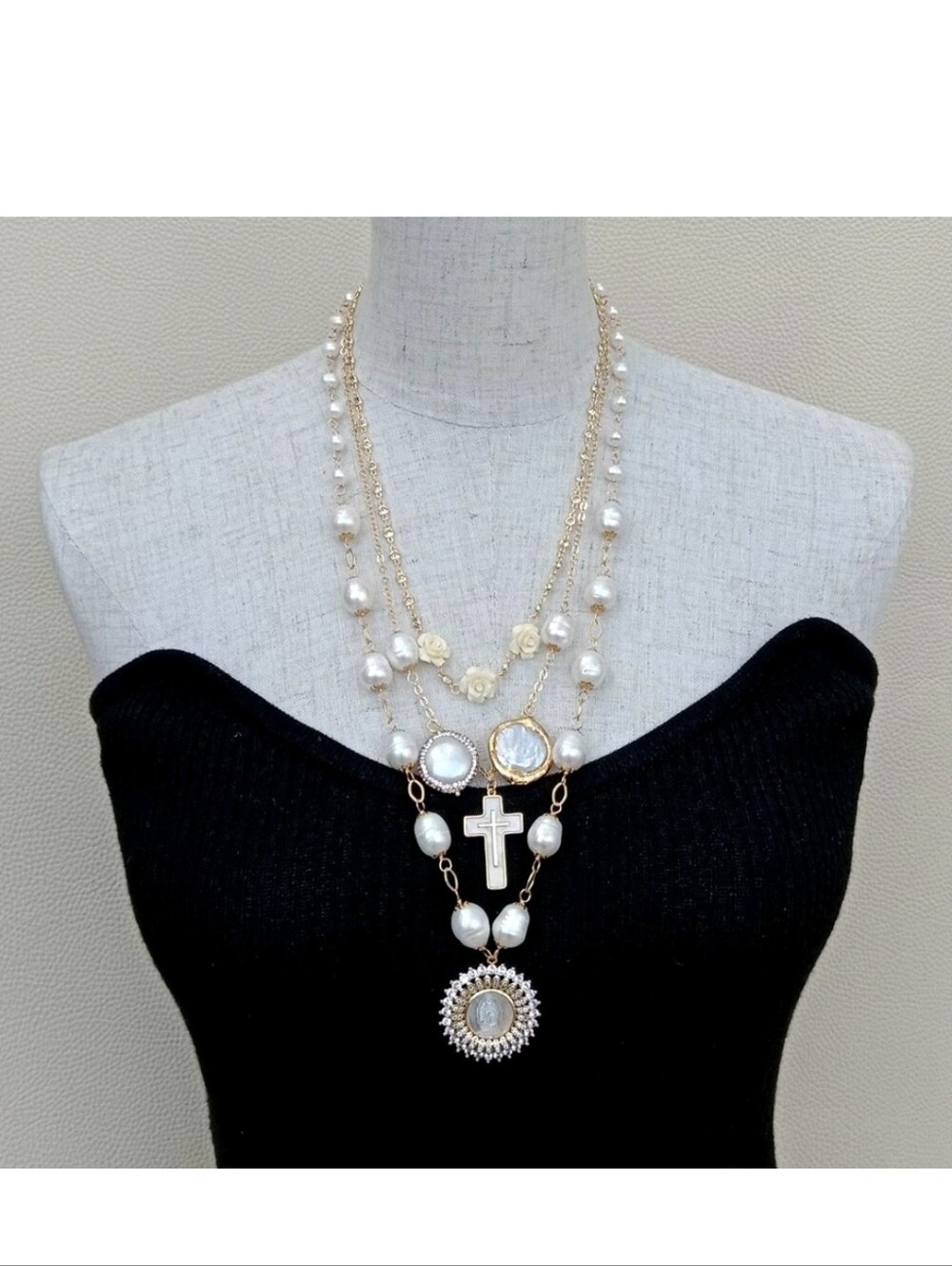 20" Freshwater White Rice Pearl Gold Plated Chian Layers Necklace Shell Pendant